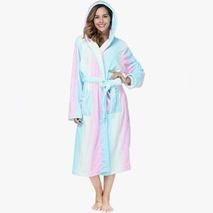 RONGTAI Rainbow Cotton Candy Long Hooded Fuzzy Plush Fleece Sleep Robe Coat S🌈
